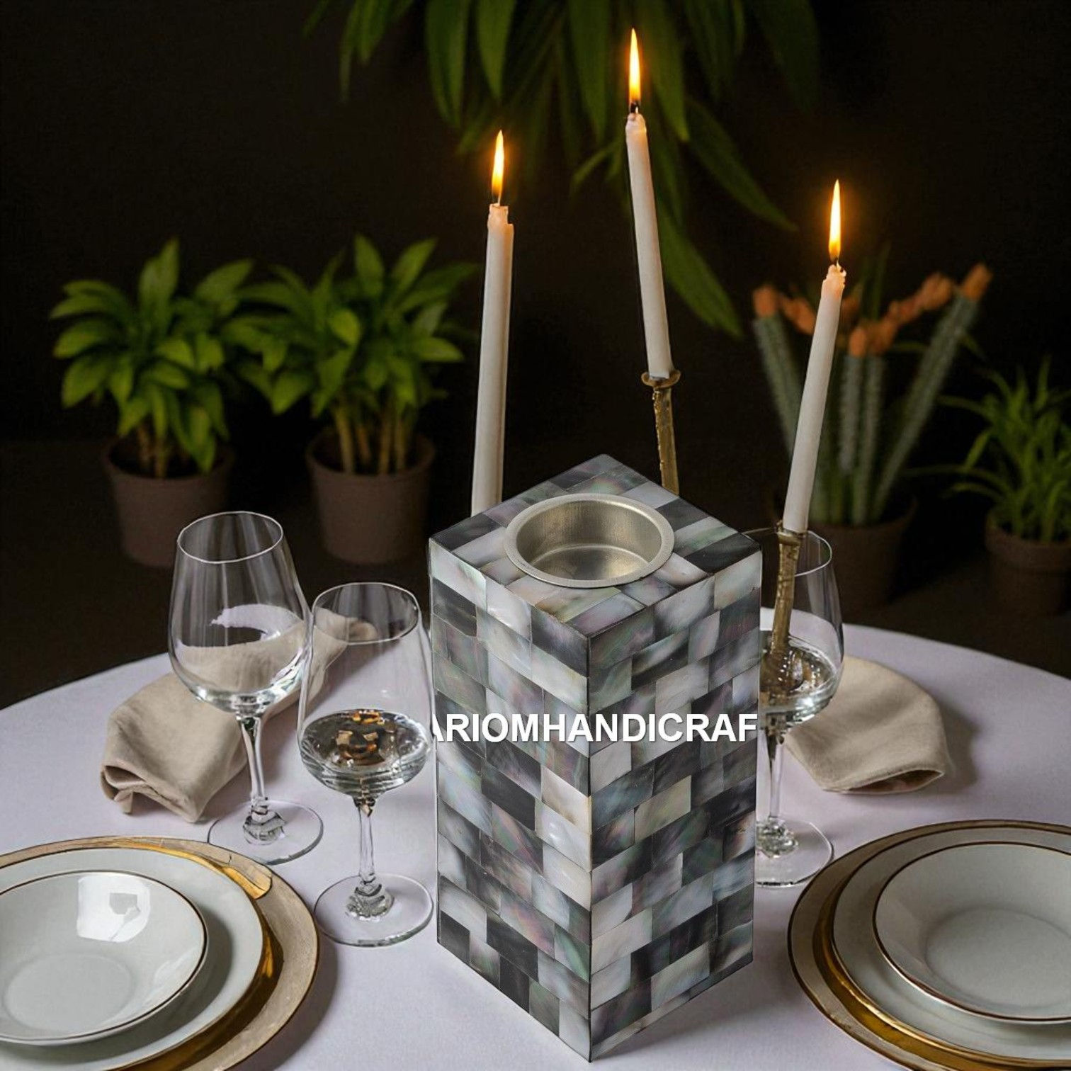 Black Marble Mother of Pearl Candle Stand