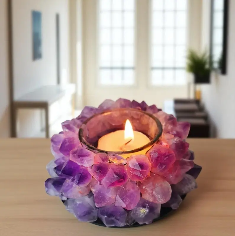 Amethyst Candle Holder Lotus Crystal Tealight for Meditation And Healing Decor