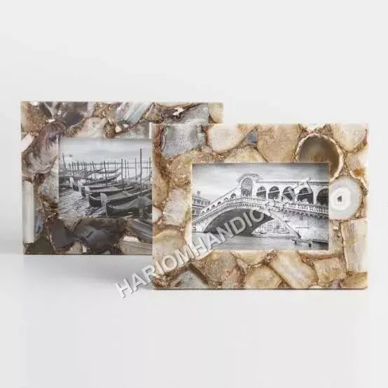6"x4" Set of Two Marble Photo Frame Precious Agate Stone Gift For Father's