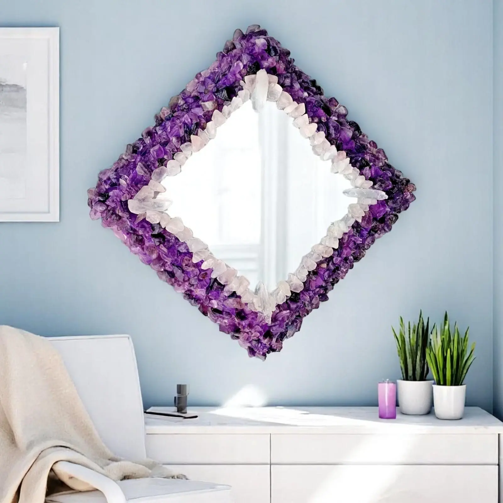 Handcrafted Square Amethyst & Selenite Wall Mirror