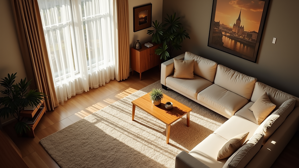 High angle view of a living room with layered lighting and plush rug