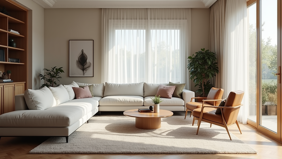 Eye-level view of a modern living room with natural light and elegant furnishings