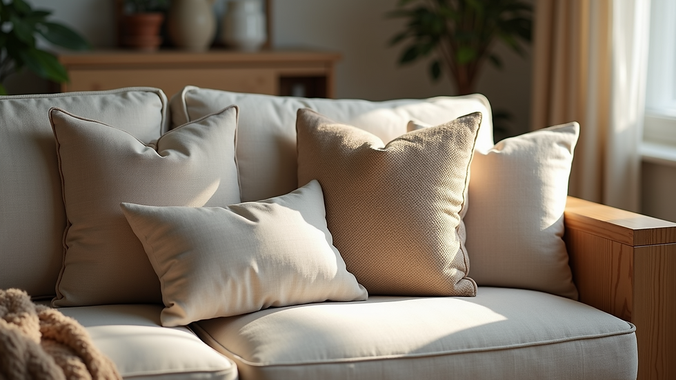 Close-up view of textured cushions and natural wood furniture in a cosy living room