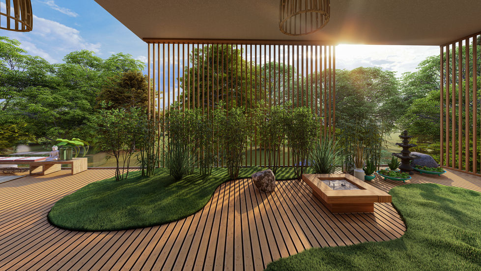 Vista del terrazzo con giardino zen, fontana, doghe in legno