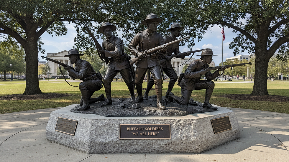 Eye-level view of a historical Buffalo Soldiers monument in a park