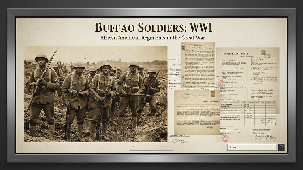 Eye-level view of a digital archive screen showing historical Buffalo Soldiers documents