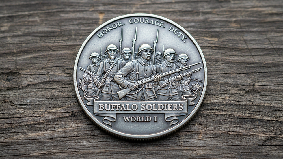 Close-up view of a Buffalo Soldiers commemorative coin on a wooden surface