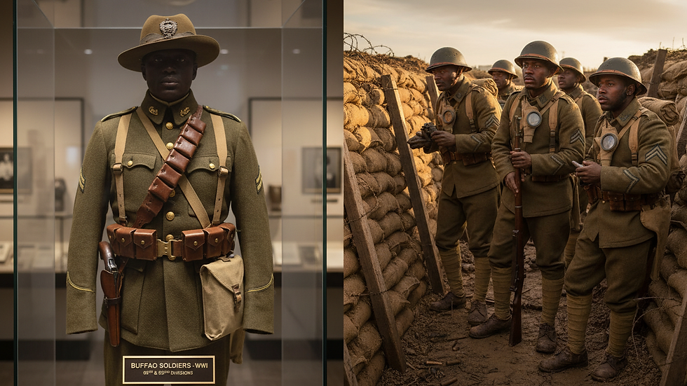 Close-up view of a vintage Buffalo Soldiers uniform displayed in a museum