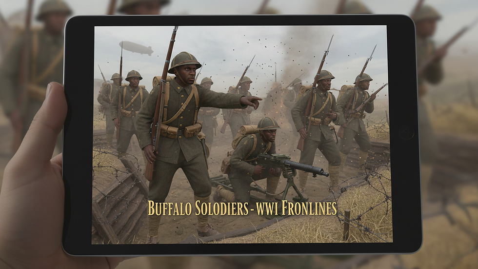 Close-up view of a tablet displaying an augmented reality Buffalo Soldier exhibit