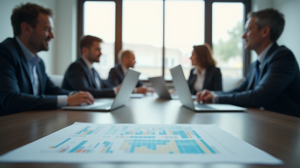 Eye-level view of a business meeting with charts and laptops