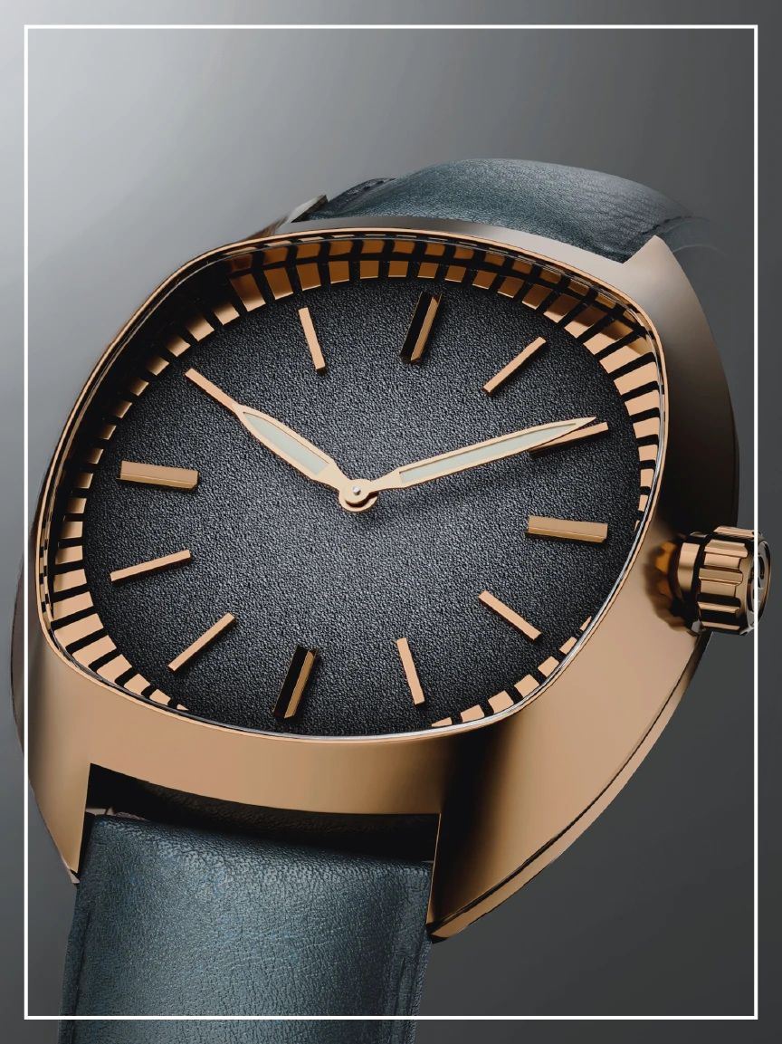 Rheon Bronze with fine-grain textured 'Fumé Blue' dial, bronze indices and rose gold watch hands