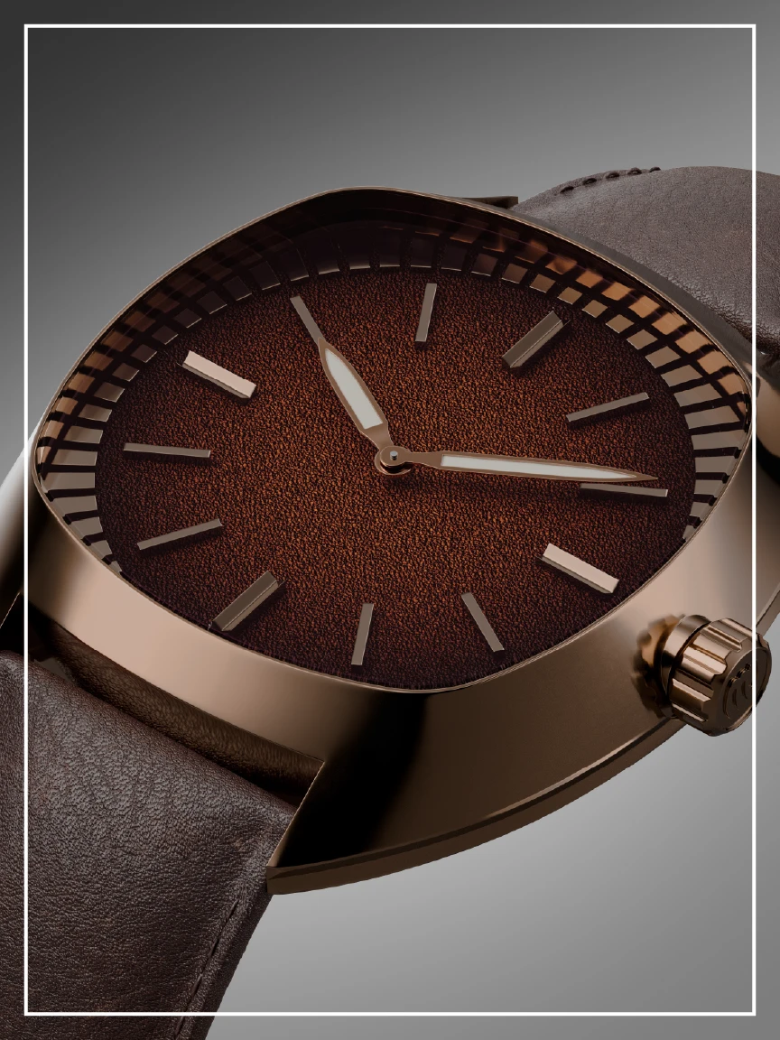 Close-up of Rheon Bronze textured fumé dial