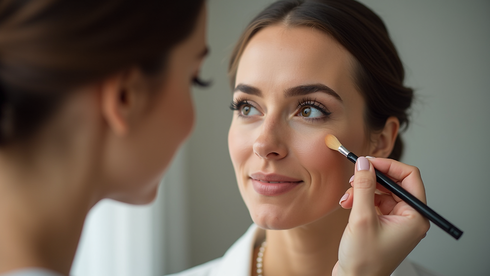 Close-up view of a makeup artist applying foundation on a bride’s cheek