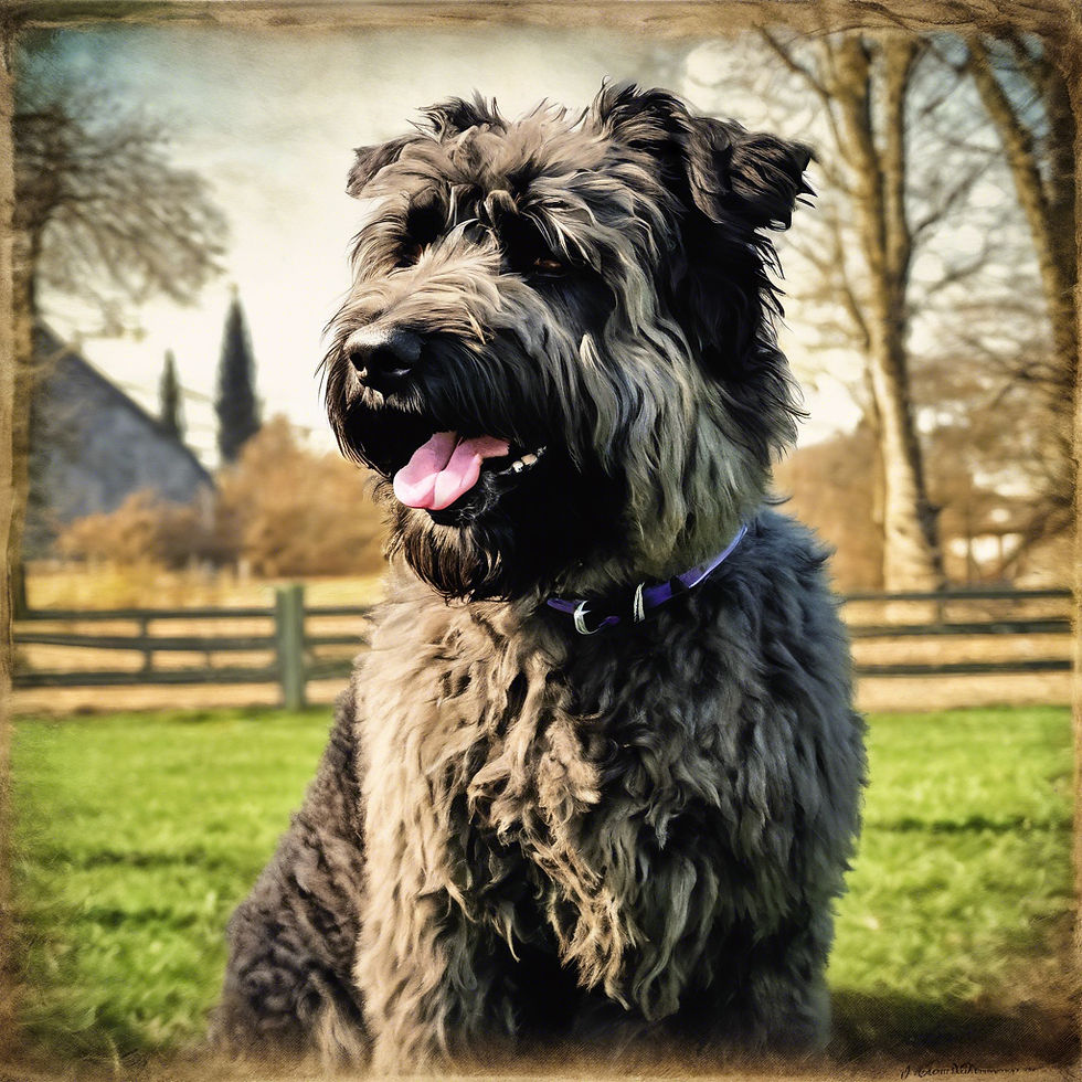 Bouvier des Flandres with a thick, shaggy coat, sitting in a park with a fence and trees in the background.