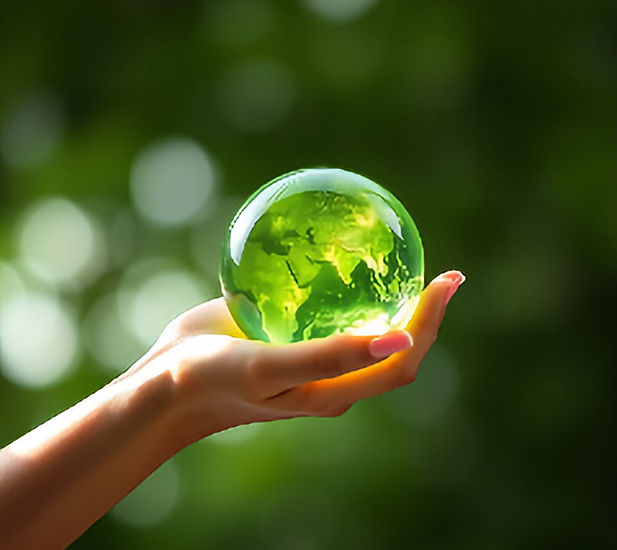 A woman's hand with manicured nails lifts green earth up to the light the earth looked lik