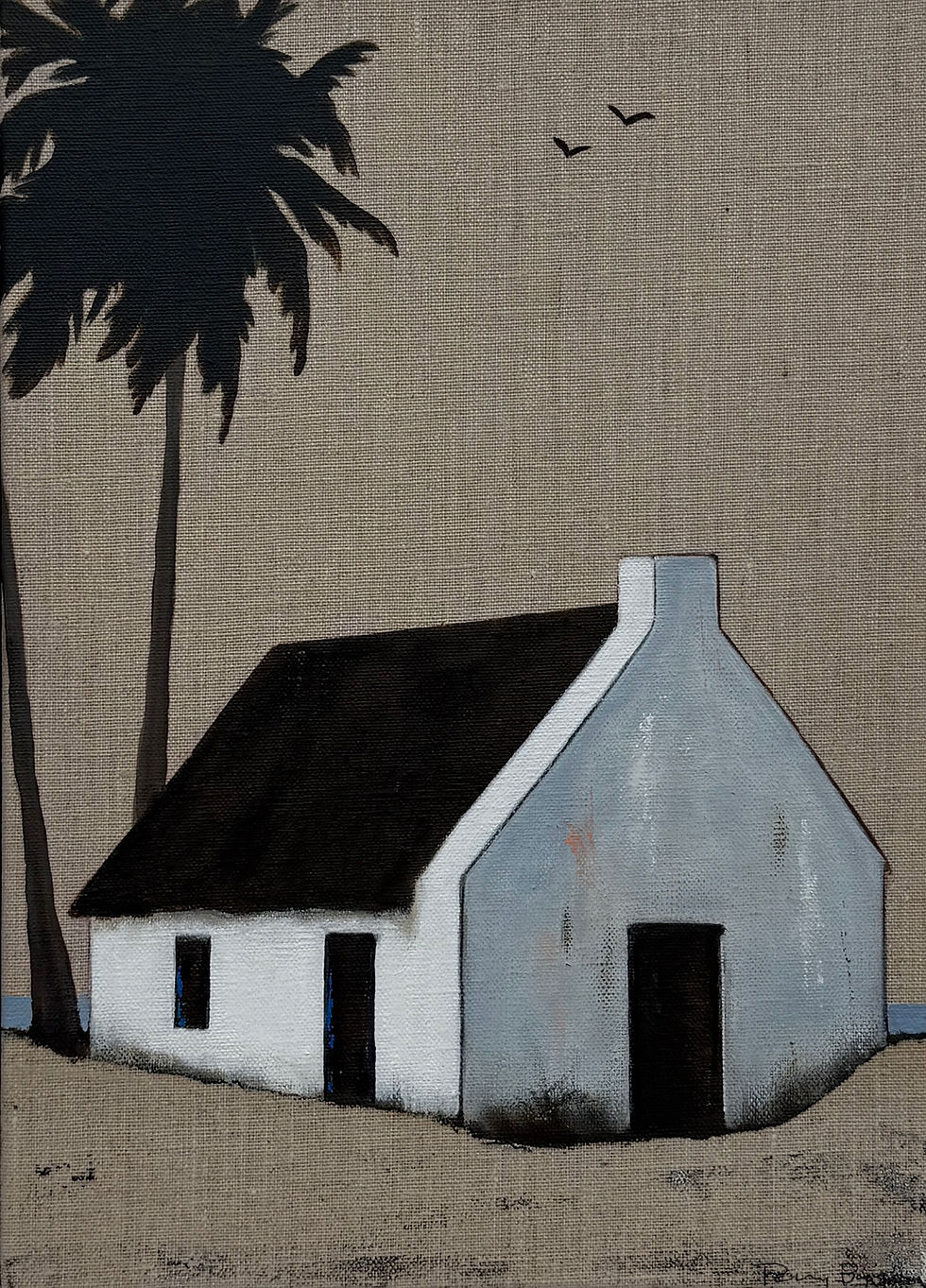 A Place in the Sun – original painting by Penny Byrne of a white coastal cottage with a dark roof and palm tree under a soft