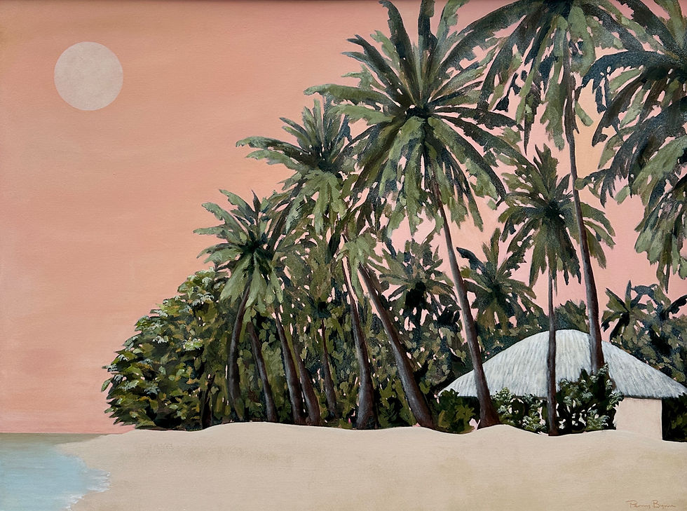 Beyond the Beach – original painting by Penny Byrne of a tropical beach with tall palm trees, a thatched hut and soft pink sk