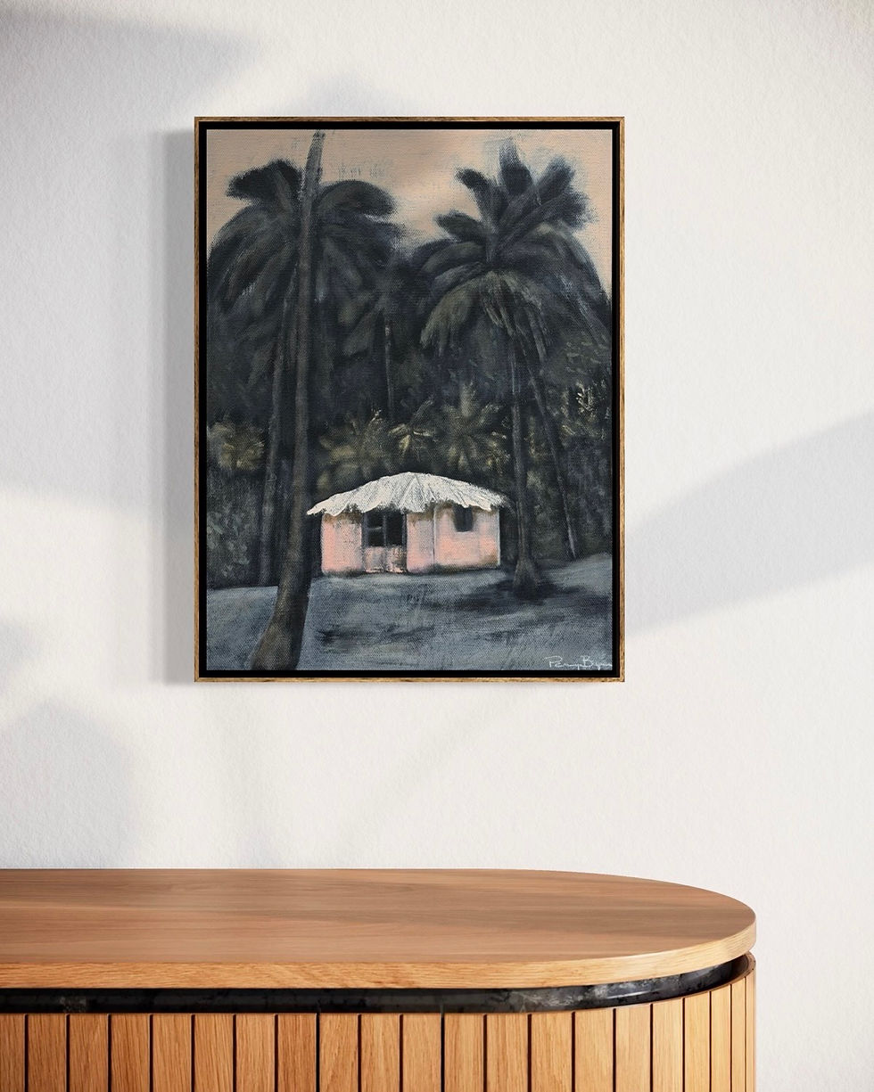 Shadow Bay – original painting by Penny Byrne of a small thatched hut nestled among dark palm trees under a soft evening sky
