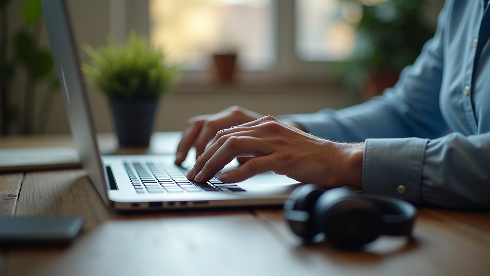 Close-up view of a person typing on a laptop keyboard with a headset nearby