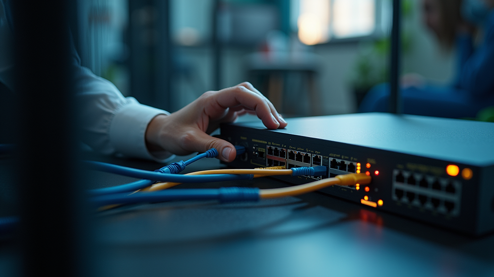 Close-up view of a technician setting up a network router in a small office