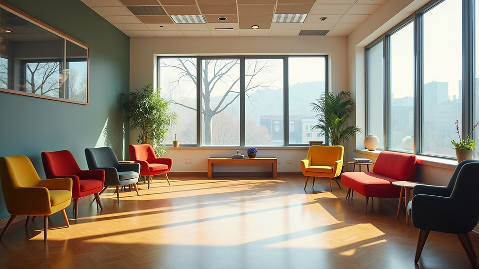 Wide angle view of a collaborative workspace with colorful seating