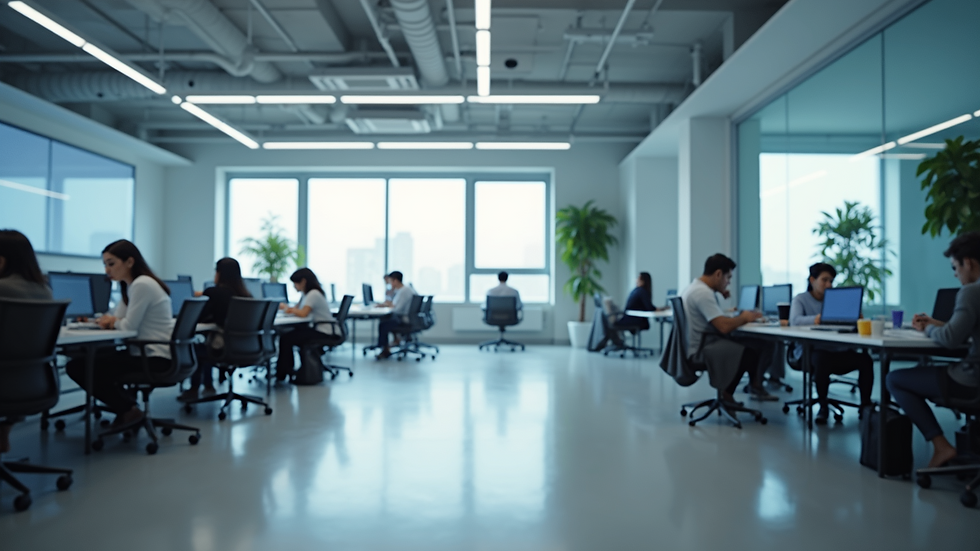 Wide angle view of an innovative technology space with collaborative work setups