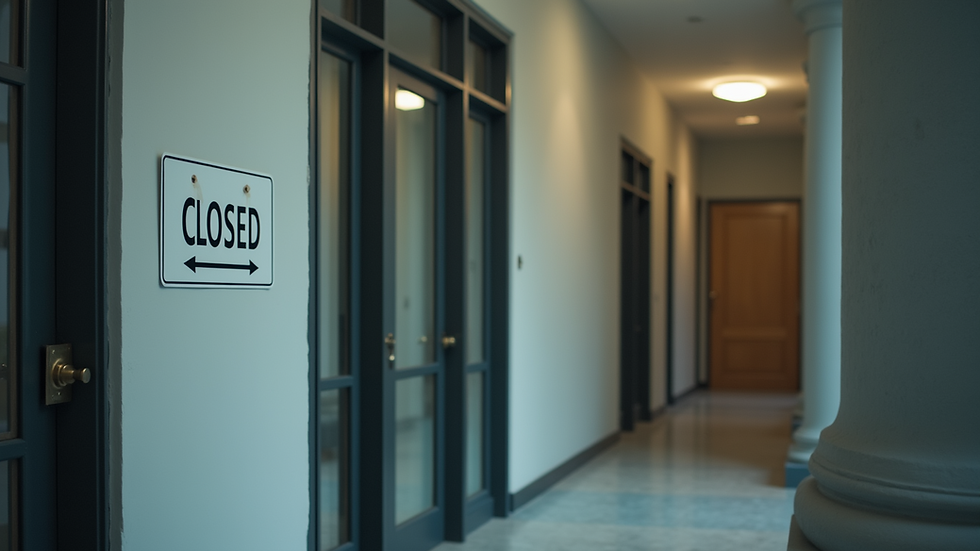 Eye-level view of a government office building with a closed sign