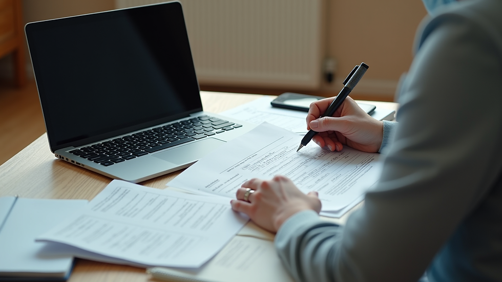 High angle view of a translator working with documents and a laptop
