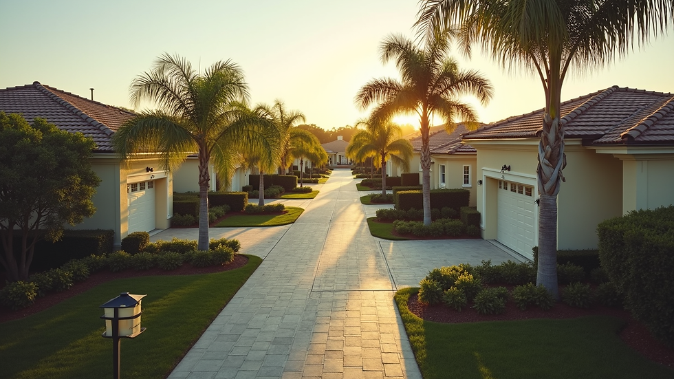 High angle view of a Florida neighborhood with modern homes and palm trees