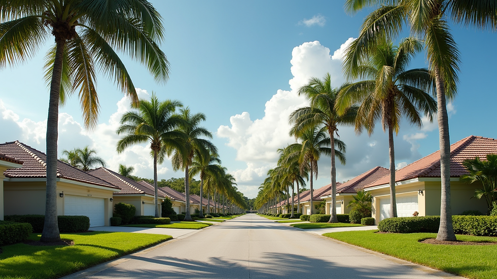 Wide angle view of a Florida neighborhood with palm trees and houses