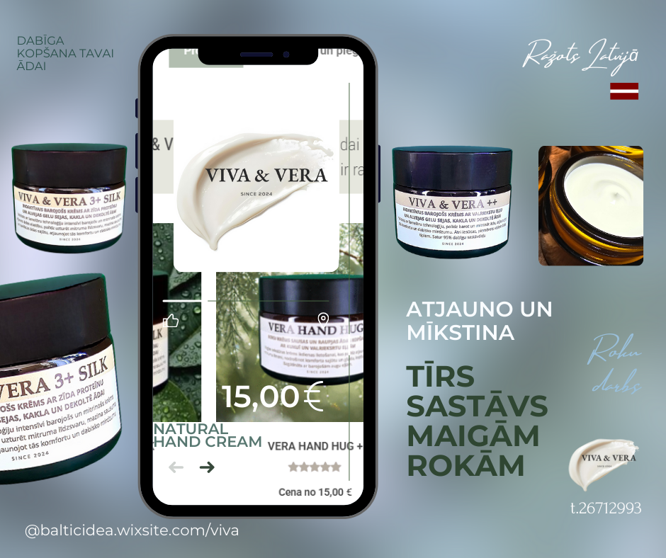 Viva & Vera dabīgās kosmētikas līnija: roku krēms Vera Hand Hug+, sejas krēmi Viva & Vera 3+ Silk un ++ zīmola produktu kolāža.