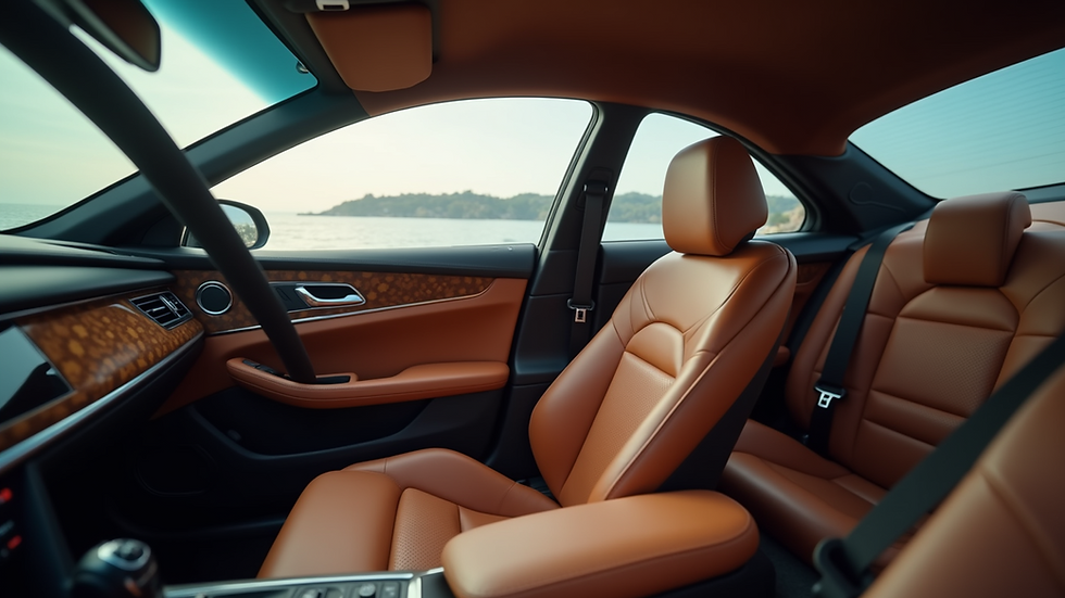 Close-up view of a luxury car interior with leather seats and a spacious cabin