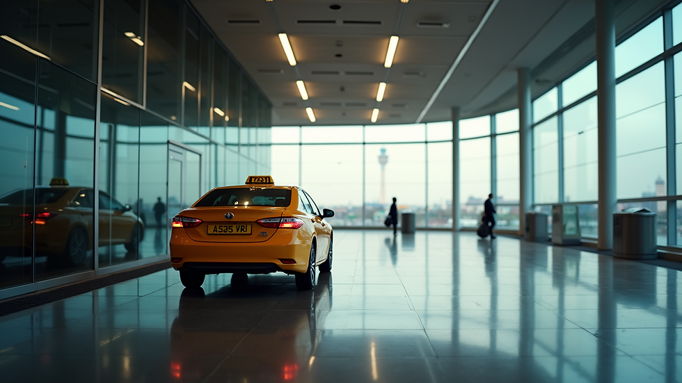 Eye-level view of a taxi waiting outside a modern airport terminal
