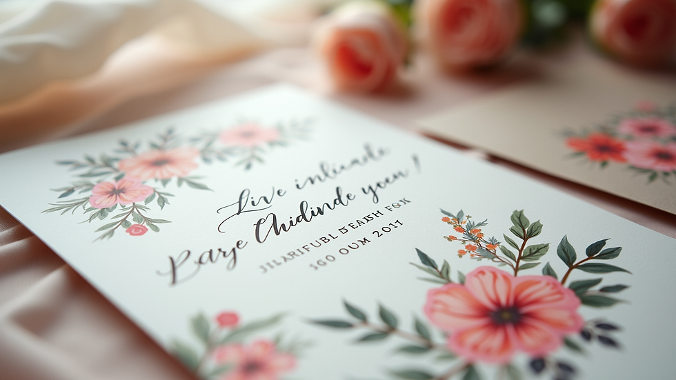 Eye-level view of a custom wedding invitation suite with hand-painted floral designs