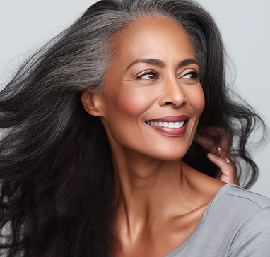 Older woman with beautiful skin uses Elixir Face Serum