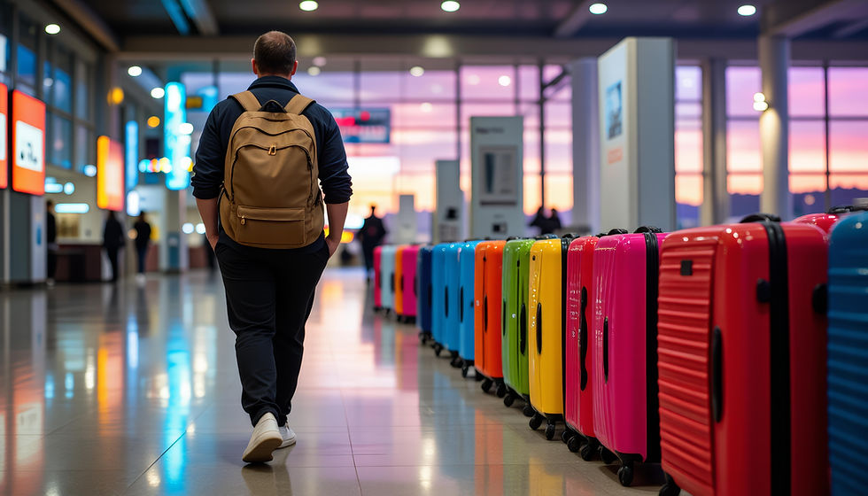 A traveler wearing a backpack walks beside a line of luggage in an airport. The image reflects the essay's theme of emotional baggage and choosing what to carry into the next chapter of life