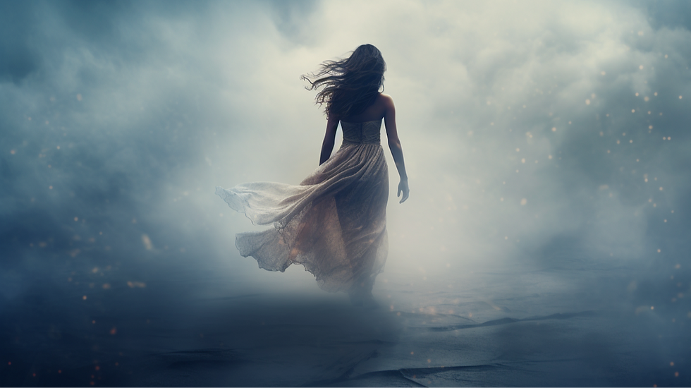 Eine Frau verloren in einem dunklen Leben und einer düsteren Welt. Thema: schmerzhafte Emotionen und Wunden wie die Herzmauer und die Aktivierung der energetischen Selbstheilungskräfte