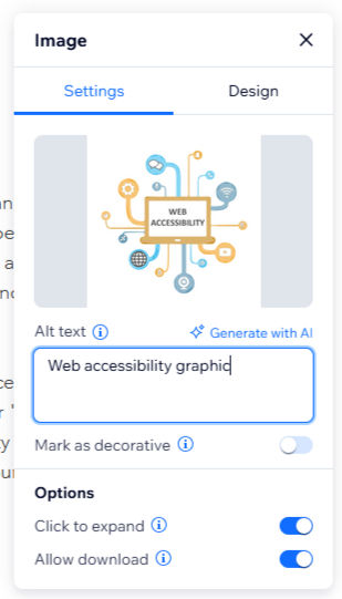 Alt text features on Wix webpage
