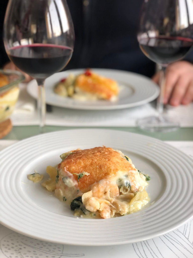 Lasanha de bacalhau com camarão e espina