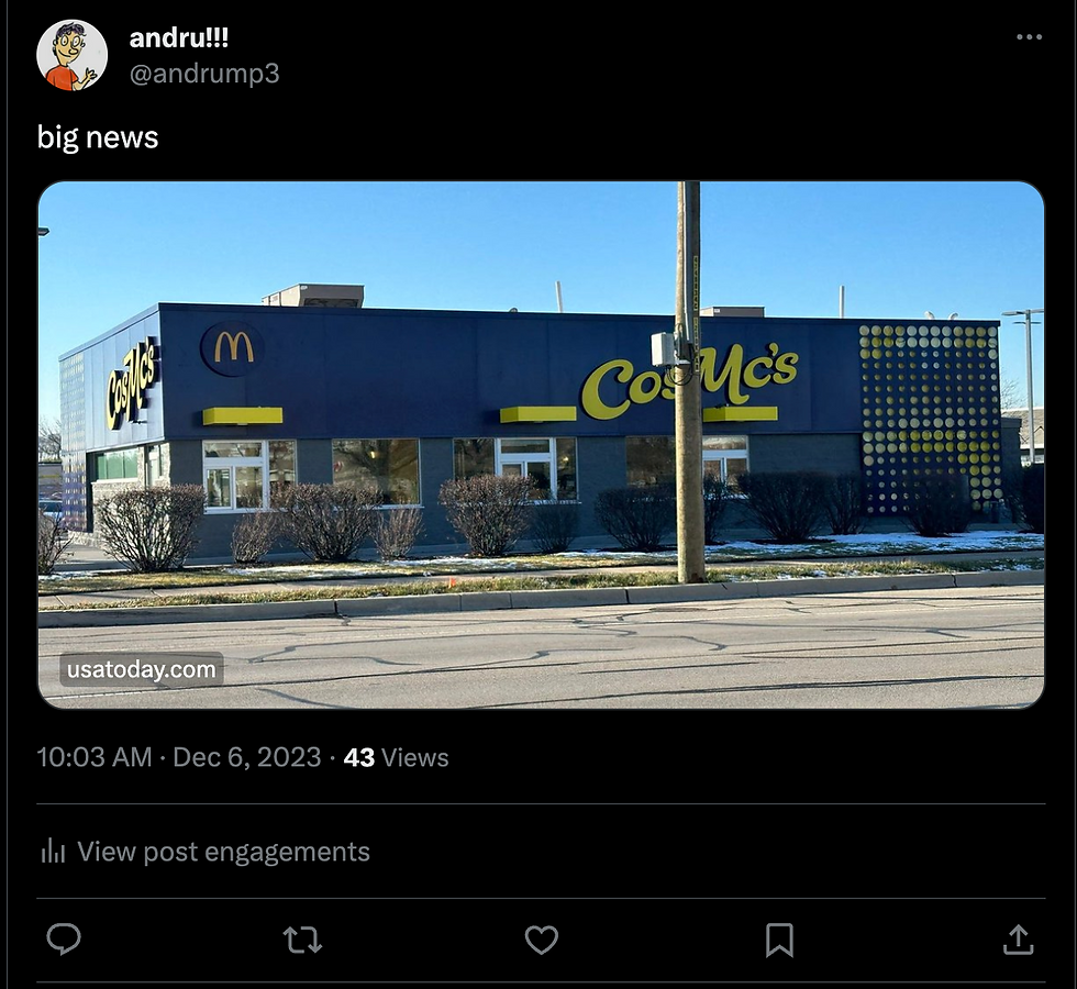 "big news [link to USA Today article  'What we know about CosMc's, McDonald's nostalgic spin-off coming to some cities in 2024']"