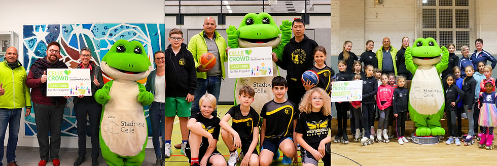 Geschäftsführer der Stadtwerke Celle Thomas Edathy und Maskottchen Fiete mit den Projektstartern der Paul Klee Schule, dem VfL Westercelle Basketball und dem MTV Eintracht Celle Rollkunstläufern.