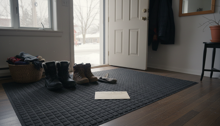 Wide-angle view of a small rental apartment entryway with a notice envelope near the door
