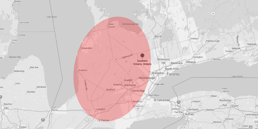 A map of outhwestern Ontario with a red circle