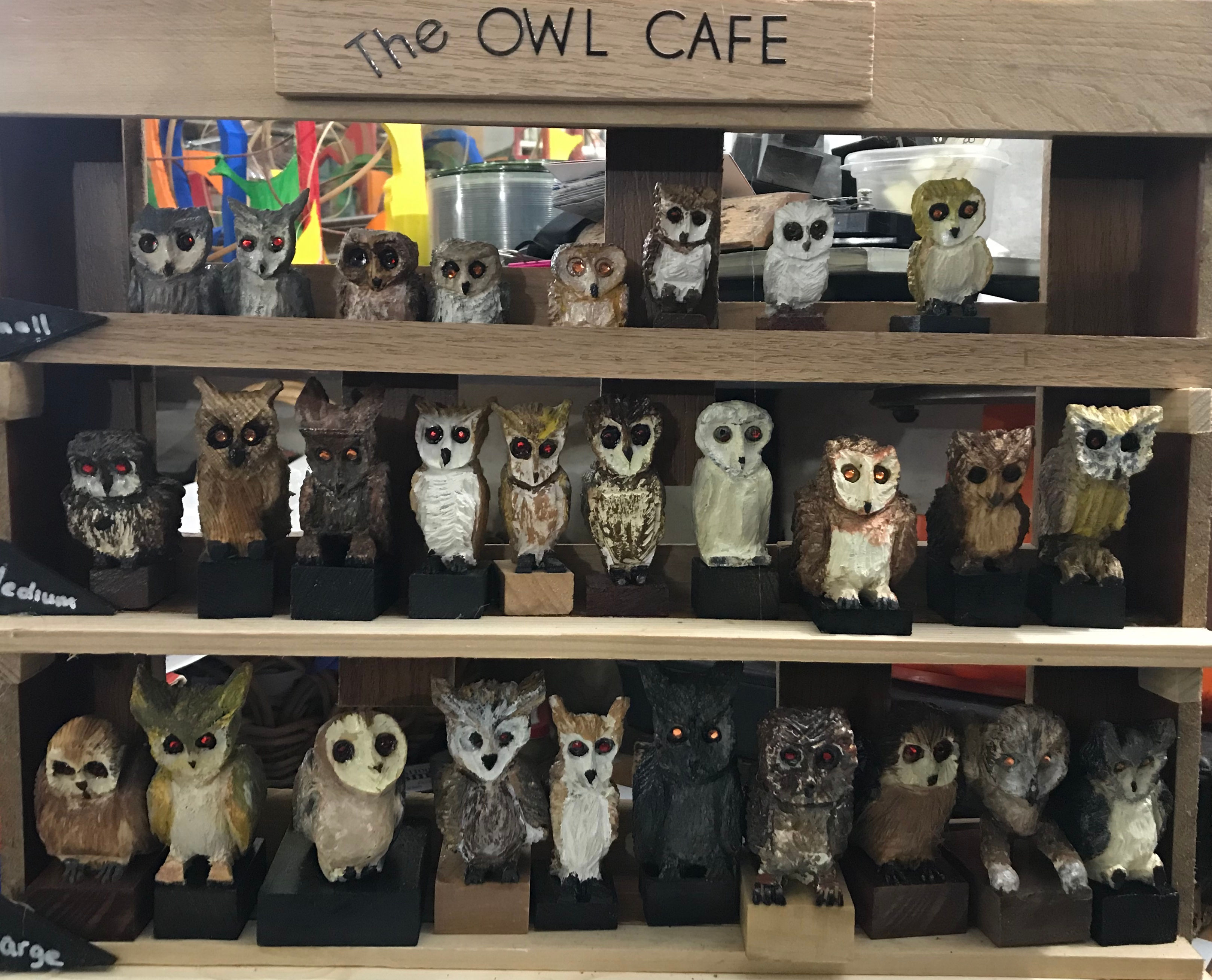 Collection of owl figurines displayed at The Owl Cafe