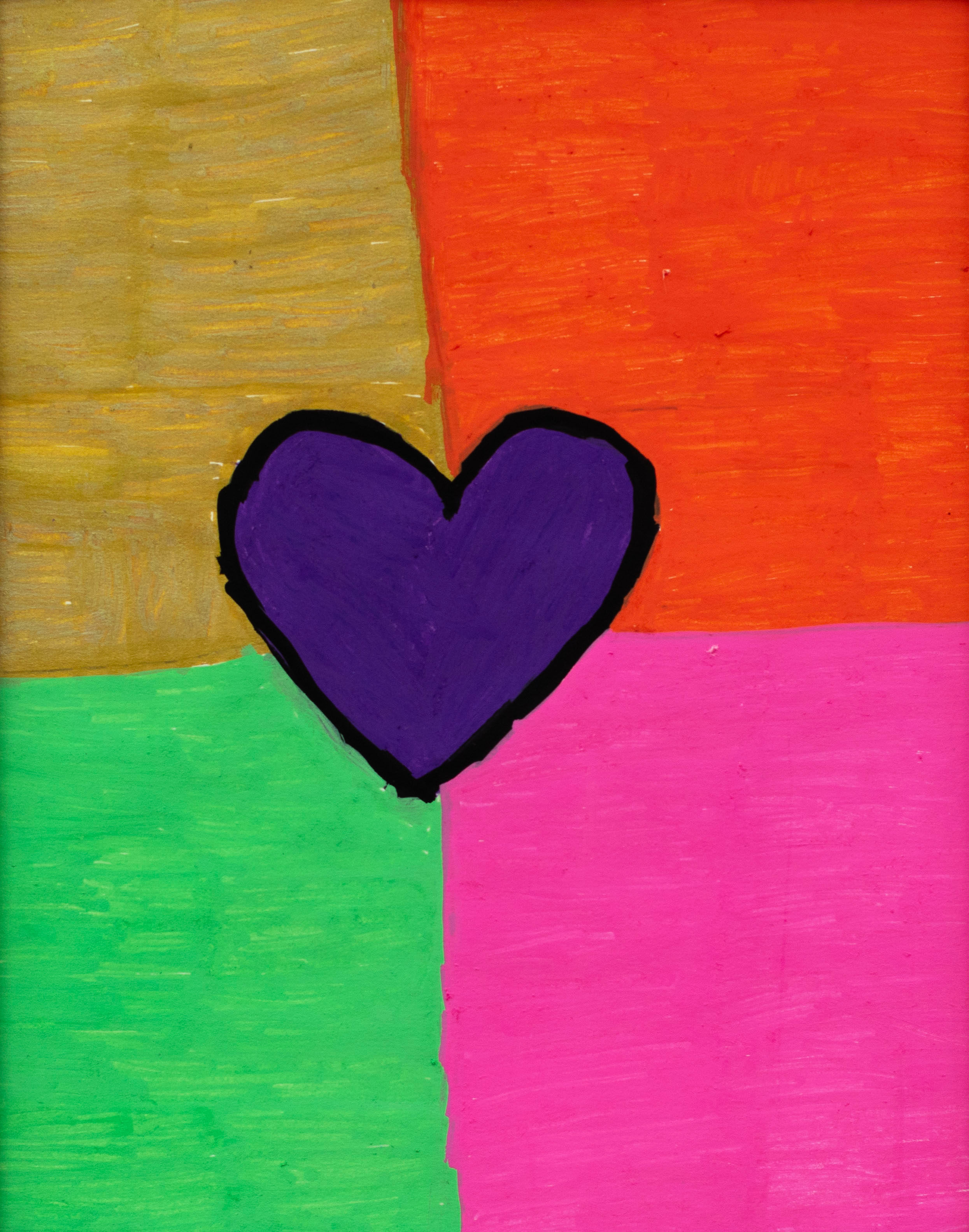 Purple heart on gold, orange, green, and pink quadrants