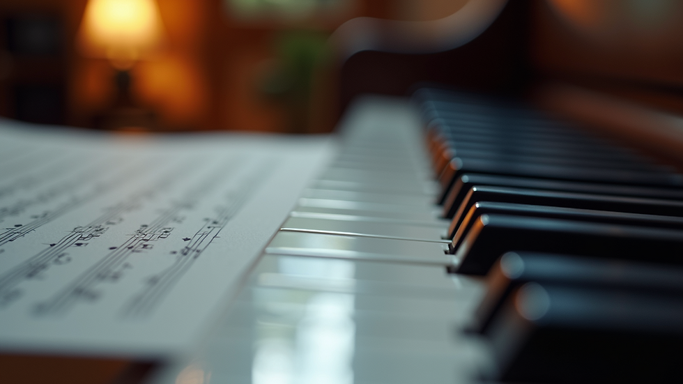 Close-up view of a piano keyboard with sheet music