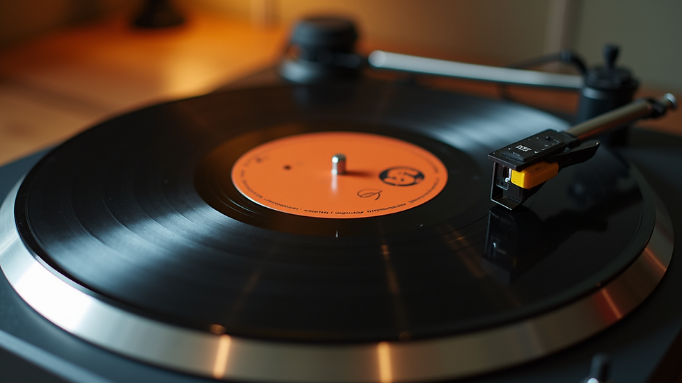 High angle view of a vintage vinyl record player spinning a classic album