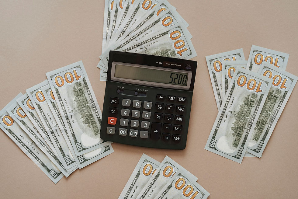 Calculator surrounded by dollar bills for estimating small business cyber insurance cost