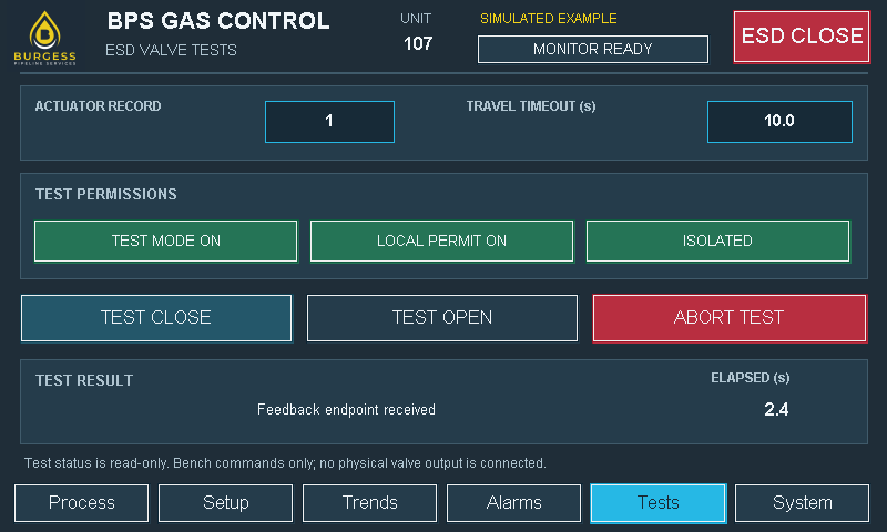 BPS Gas Control ESD valve test screen with endpoint feedback and operator permissions