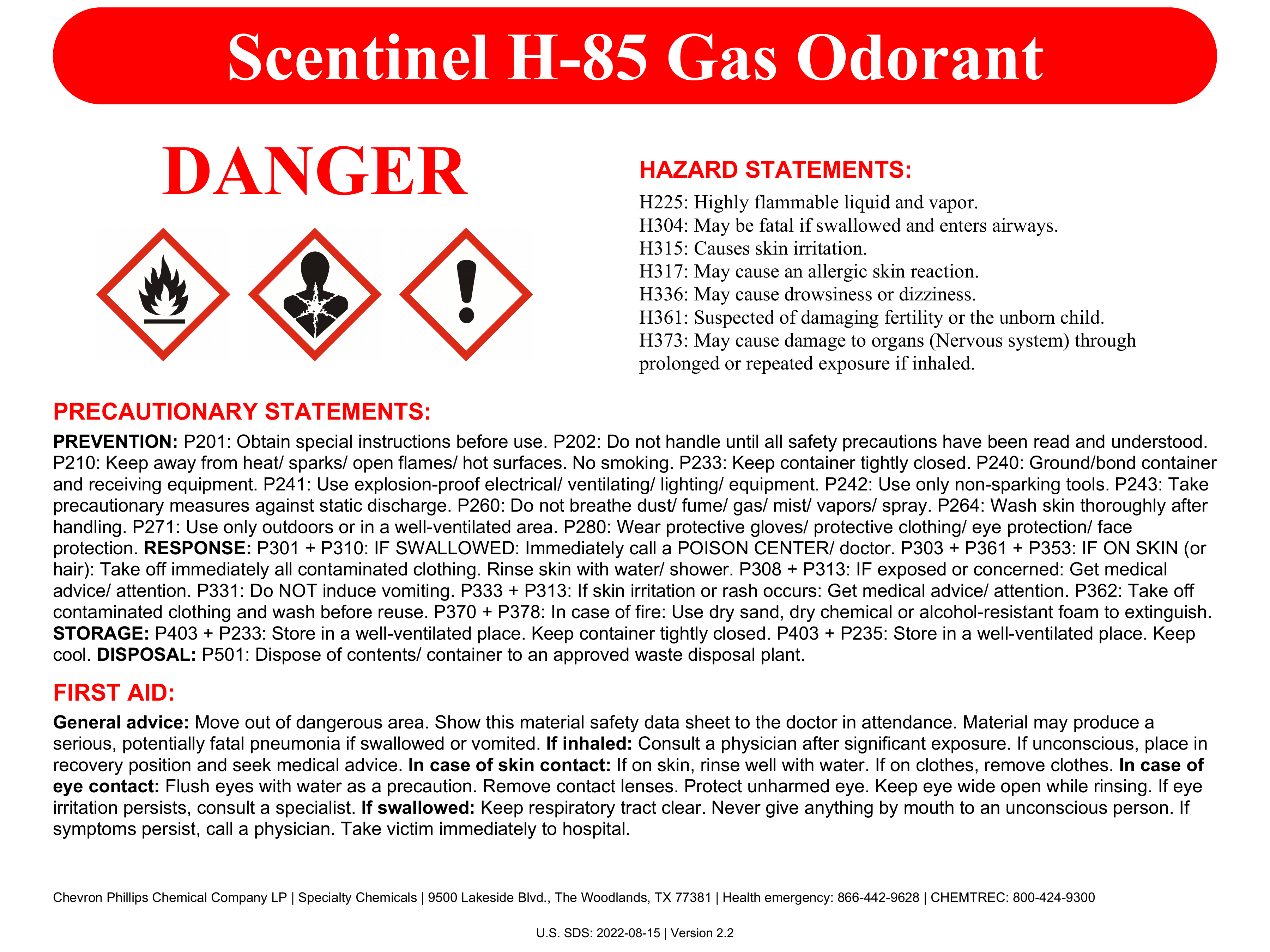 Scentinel H-85 Gas Odorant GHS Label